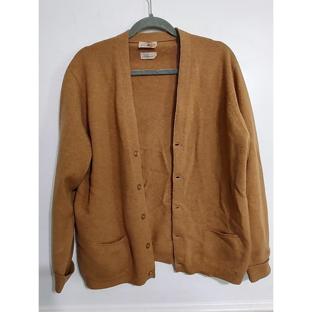 Vintage 60s Alan Paine 100% Lambswool Cardigan Mustard Yellow Sz 44 Kurt Cobain